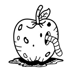 Rotten apple with a worm inside it, icon in hand drawn style