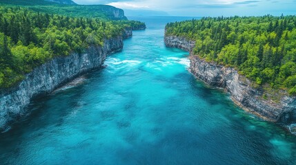 Fototapeta premium Aerial view of a serene turquoise river winding through lush green cliffs and forests