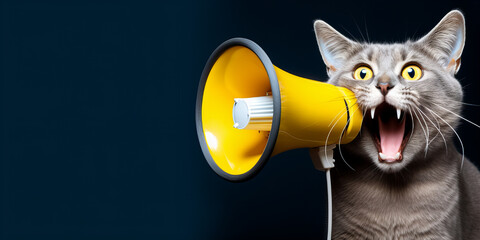 Fototapeta premium Grey cat screams into a yellow megaphone against a blue background.