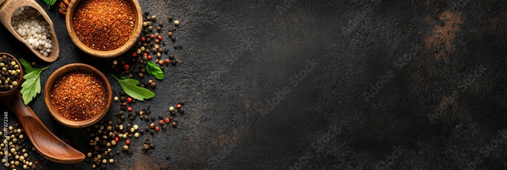 Aufkleber spices arranged on a dark surface with space for text, ideal for culinary designs or recipes. genera