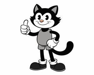 Vintage Cartoon Cat Mascot in Black and White Illustration with Retro Animation Style