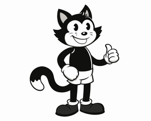 Vintage Cartoon Cat Mascot in Black and White Illustration with Retro Animation Style