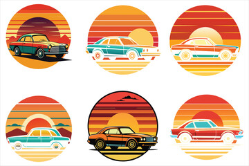 car sunset on retro vintage silhouette vector illustration