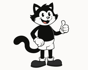Vintage Cartoon Cat Mascot in Black and White Illustration with Retro Animation Style