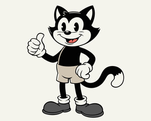 Vintage Cartoon Cat Mascot in Black and White Illustration with Retro Animation Style