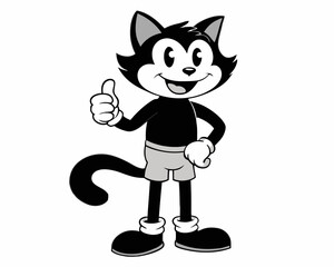 Vintage Cartoon Cat Mascot in Black and White Illustration with Retro Animation Style