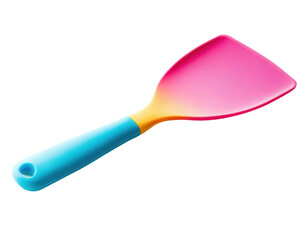 A colorful plastic spatula, ideal for cooking and baking, featuring a vibrant design that adds fun to your kitchen experience.