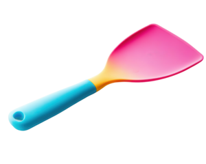 A colorful plastic spatula, ideal for cooking and baking, featuring a vibrant design that adds fun to your kitchen experience.