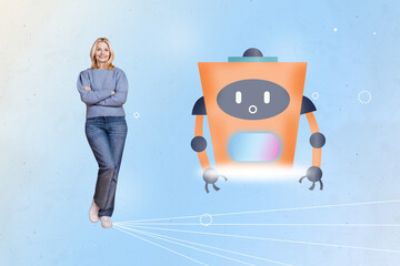Fototapeta premium Composite photo collage of happy girl stand ai robot cyberspace modern technology artificial intelligence isolated on painted background