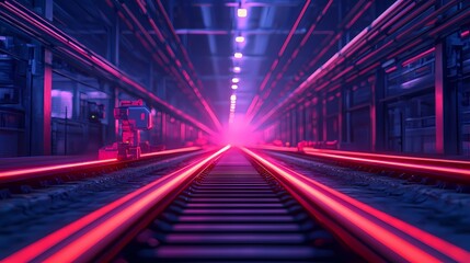 A futuristic scene featuring illuminated railway tracks leading towards a bright light, surrounded by a high-tech industrial environment.