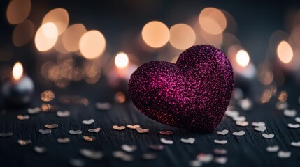 Obraz premium A glowing heart-shaped centerpiece rests on a table, surrounded by flickering candles, creating a warm ambiance perfect for a romantic Valentine's celebration.
