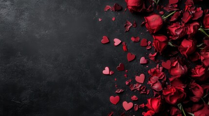 A romantic scene unfolds with vibrant red roses and delicate hearts strewn across a soft surface, embodying the spirit of love and affection.