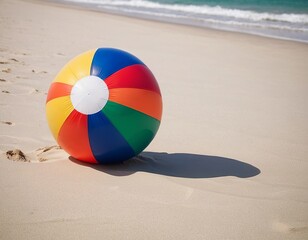 Obraz premium A colorful beach ball rests on the sandy shore by the blue ocean.