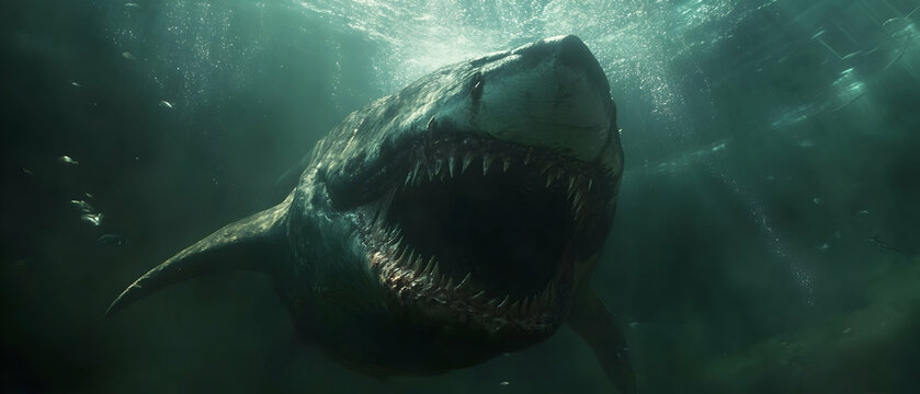 Fierce megalodon swimming ominously underwater, showcasing its massive size  -