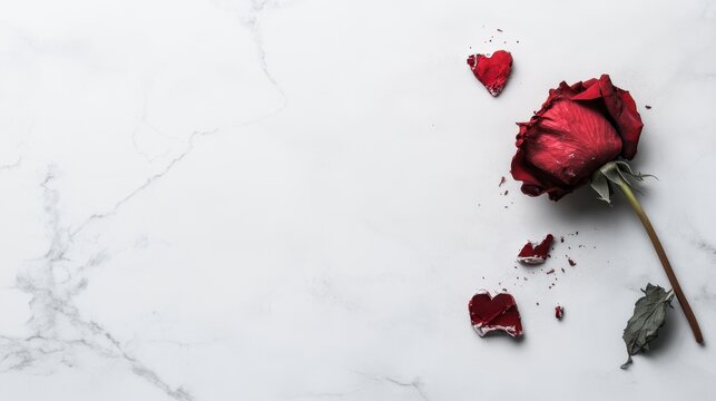 A solitary, broken rose rests on a table, symbolizing lost love and the bittersweet essence of Valentine's Day memories.