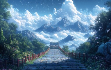 Serene Stone Pathway to Misty Mountains