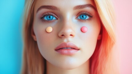 Fototapeta premium Pastel Beauty Portrait: Blonde Woman with Colorful Pills on Cheeks