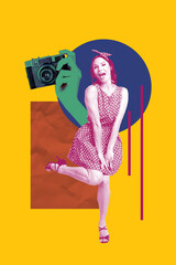 Poster image vertical photo collage of happy girl fashion model pose retro device instant camera photo-shooting capture cadre