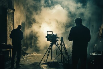 Fototapeta premium Film crew filming scene, smoky setting.