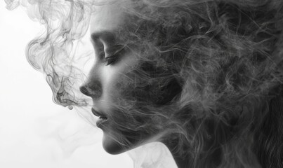 Fototapeta premium Monochrome portrait; face veiled in smoke.