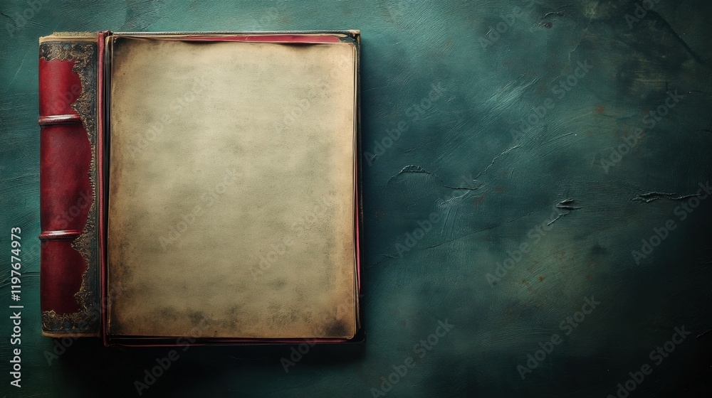 Aufkleber blank pages in an antique book resting on a textured green background, inviting creativity and expre