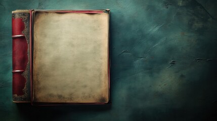 Blank pages in an antique book resting on a textured green background, inviting creativity and expression in the written word. Generative AI