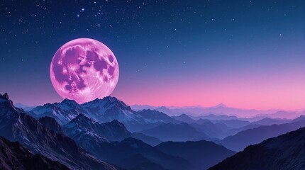 Pink Moonrise Over Mountains: A surreal and breathtaking view of a giant pink moon rising majestically over a range of snow-capped mountains at twilight, casting a dreamy.