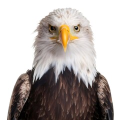 Obraz premium Majestic bald eagle exudes power and focus, its sharp gaze captivating against a clean white backdrop