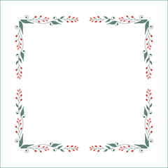 Elegant green vegetal ornamental frame with leaves and red flowers, decorative border, corners for greeting cards. Isolated vector illustration