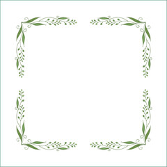 Naklejka premium Elegant green vegetal ornamental frame with leaves, decorative border, corners for greeting cards. Isolated vector illustration