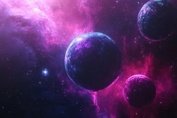 Ethereal planets surrounded by vibrant pink and purple nebulae, set against a starry cosmic background, radiating mystery and beauty