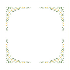 Elegant green vegetal ornamental frame with leaves and yellow flowers, decorative border, corners for greeting cards. Isolated vector illustration