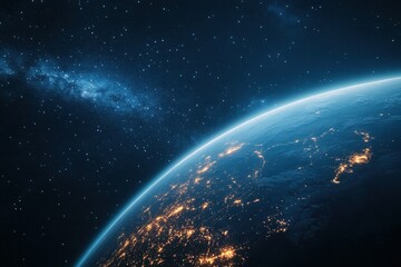Fototapeta premium Earth's curvature at night, illuminated by city lights, with a starry sky and glowing atmosphere showcasing global beauty from space