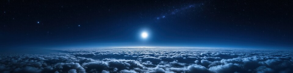 Bright full moon shining over a sea of clouds under a star-filled night sky, creating a serene and mystical atmosphere