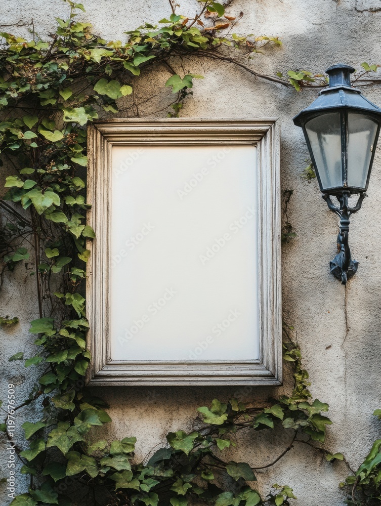 Poster Mock up frame with copy space surrounded by ivy on a wall under a street lamp. Generative AI