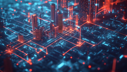 Fototapeta premium Futuristic city map with dynamic glowing markers and interconnected networks -