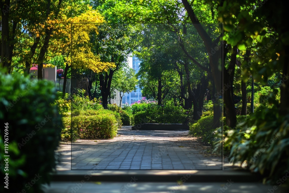 Aufkleber explore tranquil path through lush greenery and bright foliage in city park. generative ai