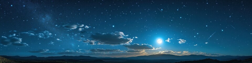 A starry night sky with scattered clouds and moonlight illuminating a serene mountainous landscape