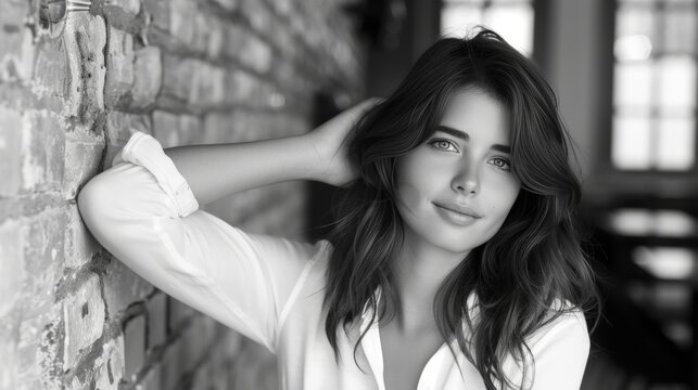 Confident woman in stylish minimalist fashion poses with jacket in striking black and white photo