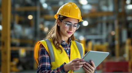 Female Construction Worker Using Tablet in Safety Gear and Hard Hat