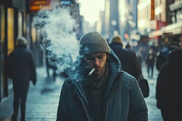 Obraz premium Man smokes, winter city street, blurry background.