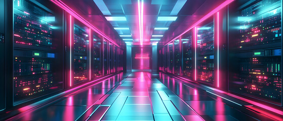 Fototapeta premium Futuristic server room with rows of illuminated servers and a digital color scheme -