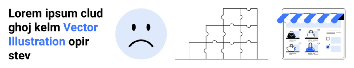 Blue frowning face indicating dissatisfaction, staircase puzzle diagram signifying growth challenges, online store interface. Ideal for business strategy, ecommerce struggles, customer
