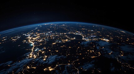 beautiful aerial view of earth at night showcasing glowing city lights and bustling urban centers,...