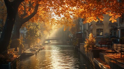 Golden autumn light bathes tranquil canal scene boats gently float under arching tree branches. AI Generated