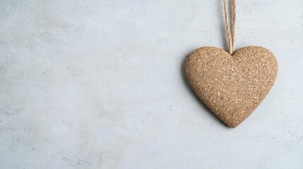 Obraz premium Cork heart hanging on a rustic twine string against a textured light grey concrete background with copy space.