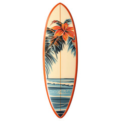 A vibrant surfboard design featuring tropical flowers and palm leaves, perfect for beach and surf culture themes.