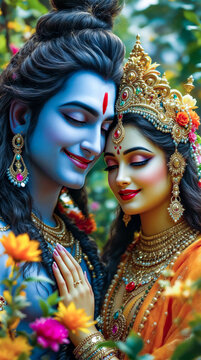 Lord Shiva and Parvati in Colorful Attire Surrounded by Lush Blooming Garden