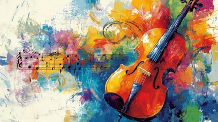 Vibrant abstract painting, stringed instrument, musical notes.
