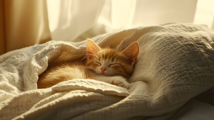 Adorable ginger kitten peacefully sleeping under a soft, textured blanket in warm, sunlit room. A cozy and heartwarming scene.
